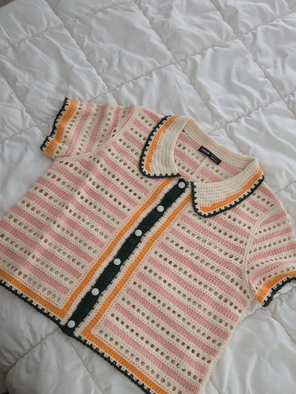 SHEIN Pink Cream Crochet Short Sleeve Cardigan with Green & Yellow Trim